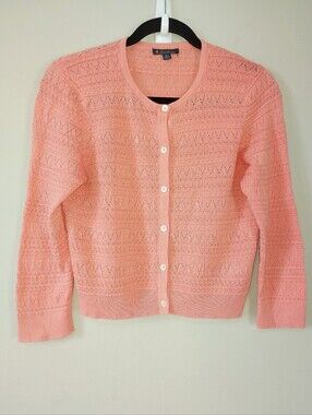 Brooks Brothers Women Preppy Peach Button Pointelle Open-Knit Cardigan Medium